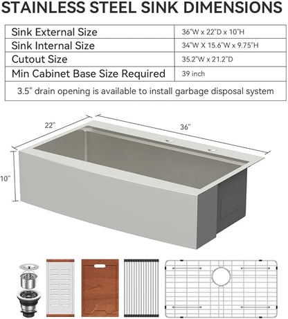 Logmey 36 Inch Drop in Farmhouse Kitchen Sink 36x22 Stainless Steel Workstation Topmount Apron Front Farm Sink 16 Gauge Single Bowl 10" Deep Sinks 36x22x10