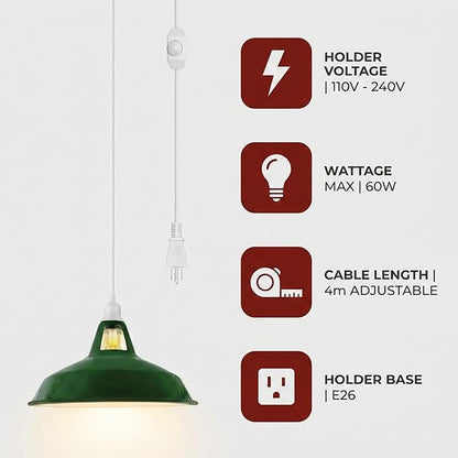 Plug in Pendant Light, 13.1FT Hanging Light with Plug in Cord and On/Off Switch, Industrial Green Barn Metal Shade Pendant Light for Kitchen Island, Dining Room, Bar, Cafe, Living Room, Green