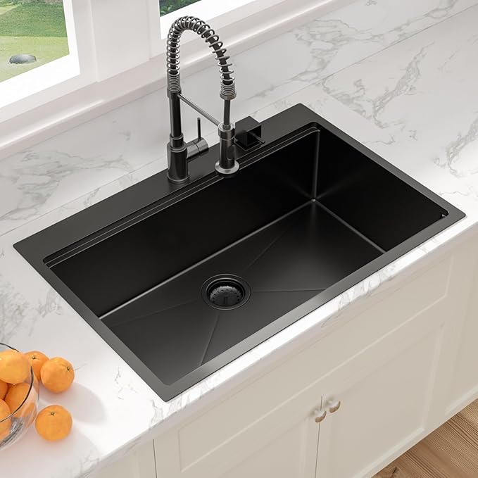 Sarlai 33 Matte Black Drop-In Kitchen Sink Workstation - 33x22 Inch Drop Kitchen Sink with Ledge NANO-Tech Black Topmount Round Corner 16 Gauge Stainless Steel Single Bowl Sinks Basin