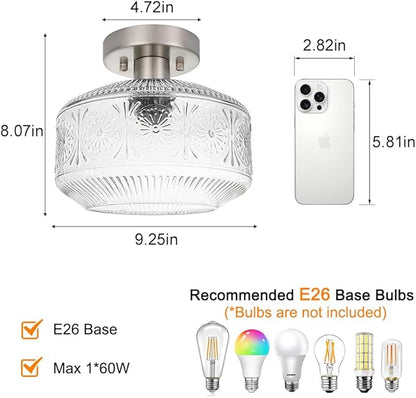 DSMJFU Semi Flush Mount Ceiling Light, Vintage Small Ceiling Light Fixture, Thickened Glass Hallway Light Fixture, Brushed Nickel Kitchen Ceiling Mount Lamp for Entry Way, Bedroom, Bathroom