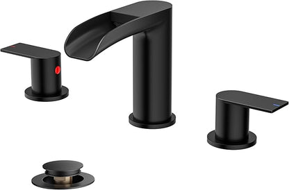 FORIOUS Bathroom Sink Faucet, Black Waterfall Bathroom Faucet Widespread 8 Inch 3 Hole with Pop-Up Drain and Water Supply, All-Metal Construction and Two Handle for Vanity, Lavatry, Farmhouse