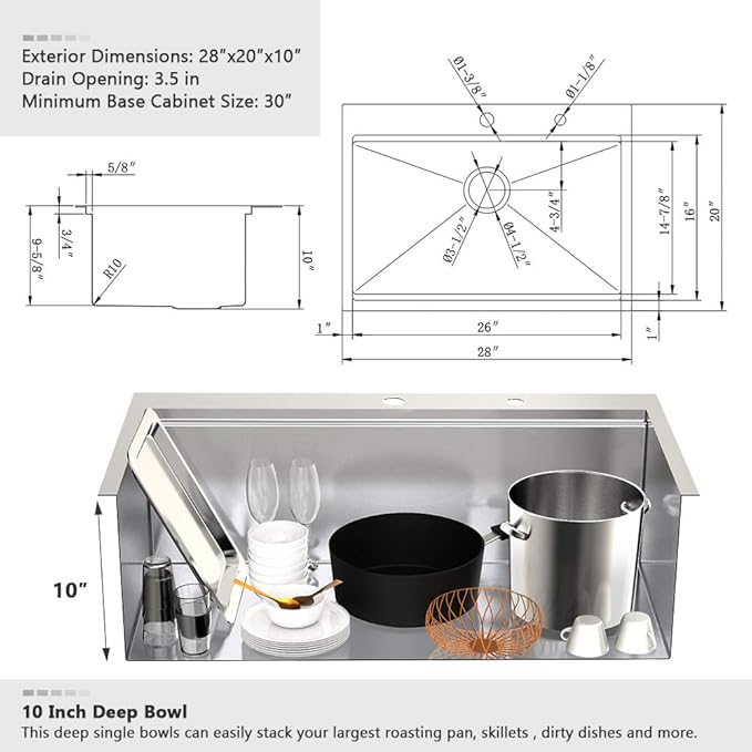 28 Inch Drop In Kitchen Sink Workstation-VASOYO 28x20 Drop In Sink Topmount 16 Gauge Deep Stainless Steel Single Bowl Kitchen Sinks with Cutting Board
