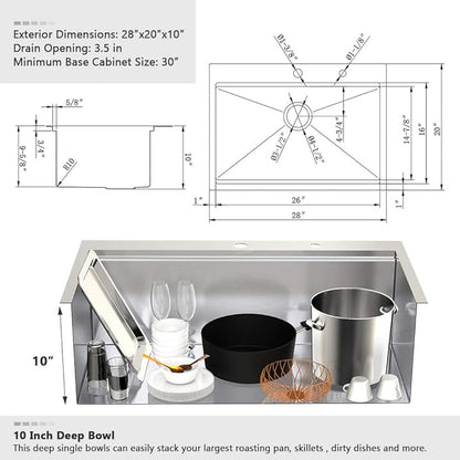 28 Inch Drop In Kitchen Sink Workstation-VASOYO 28x20 Drop In Sink Topmount 16 Gauge Deep Stainless Steel Single Bowl Kitchen Sinks with Cutting Board
