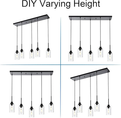 MELUCEE Black Pendant Lights for Kitchen Island, 5-Light Dining Room Light Fixtures Linear Chandeliers with Clear Glass Shade, DIY Hanging Lamp Ceiling for Dining Room Kitchen Bar