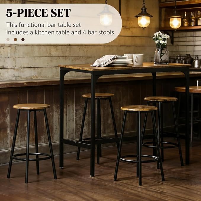 5-Piece Counter Height Bar Table and Chairs Set – Industrial Rustic Brown Wood & Black Metal Frame Dining Furniture for 4 – Space-Saving Kitchen Island with Stools