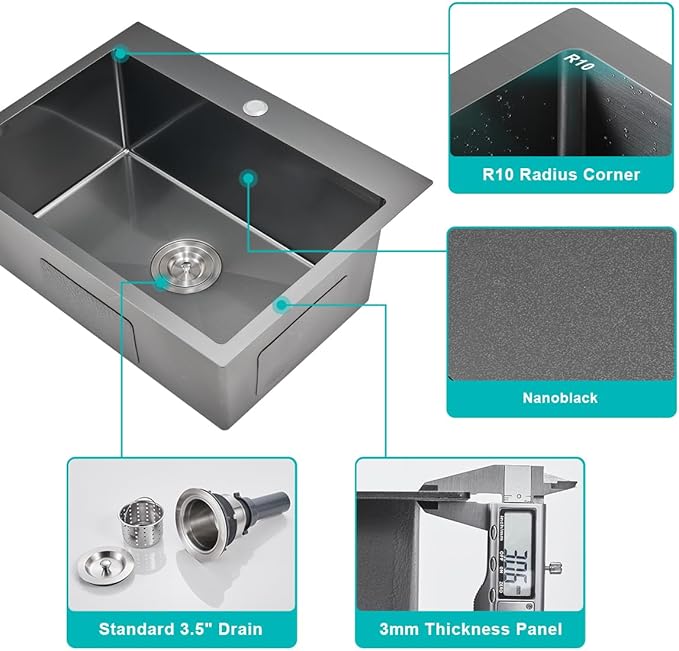 24 Inch Drop in Kitchen Sinks Black, 24x18 Inch Single Hole 18 Gauge Stainless Steel Single Bowl Kitchen Sink Topmount, D24"xW18"xH9"