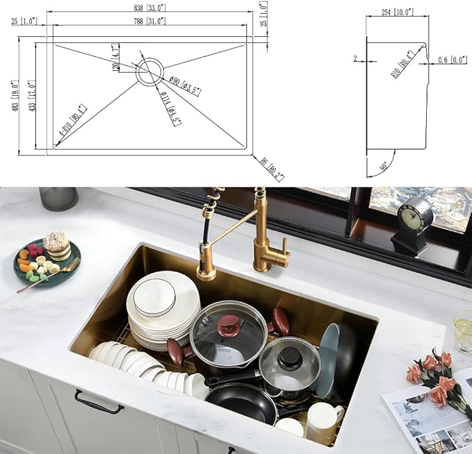 33 Inch Gold Kitchen Sink with Faucet Combo-iAnomla 33x19 Undermount Sinks Stainless Steel Brushed Gold Deep Single Bowl Kitchen Sink and Faucet Combo Set