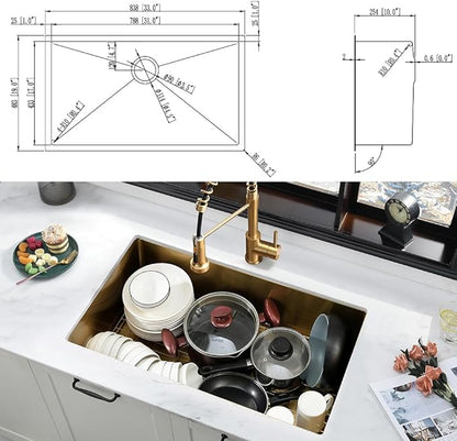 33 Inch Gold Kitchen Sink with Faucet Combo-iAnomla 33x19 Undermount Sinks Stainless Steel Brushed Gold Deep Single Bowl Kitchen Sink and Faucet Combo Set