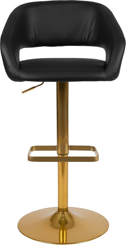 Flash Furniture Erik Contemporary Adjustable Height Barstool with Footrest and Rounded Mid-Back, Upholstered Bar or Counter Height Stool, Black/Gold