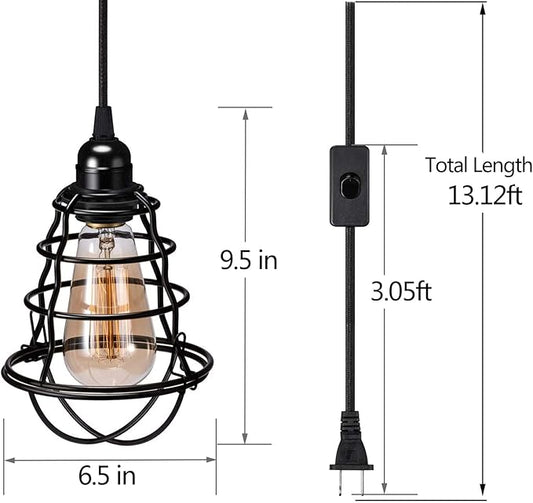 Asnxcju Industrial Plug in Pendant Light, Vintage Hanging Cage Pendant Light with Plug in Cord, Farmhouse E26 E27 Edison Pendant Lighting with On/Off Switch for Living Room Dining Room