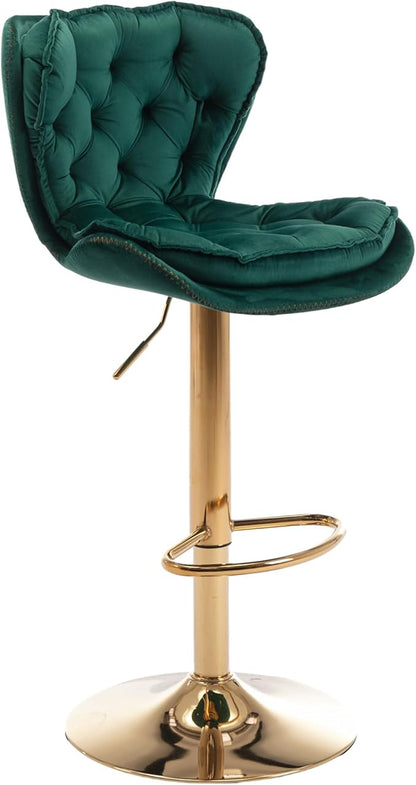 Rhomtree 24-33 Inch Swivel Bar Stools, Adjustable Counter Height Barstools, Velvet Back and Golden Footrest, Bar Chairs for Kitchen Island, Cafe, Bar, Bar Counter, Dining Room, Coffee(Green Set of 2)
