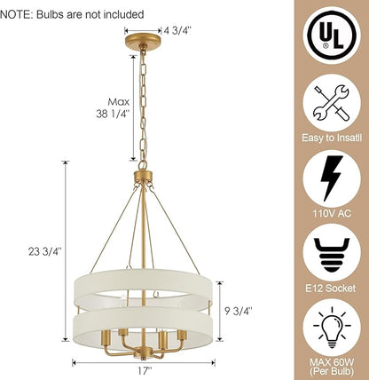4-Light Rustic Drum Chandelier for Foyer, Gold Pendant Light Fixture with Fabric Shade, Modern Farmhouse Chandelier for Dining Room Entryway Bedroom