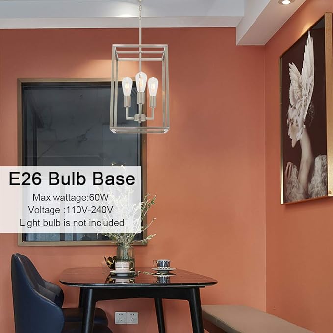 VINLUZ 3 Light Classic Indoor Chandelier Brushed Nickel Finish Foyer Lantern Pendant Lighting for Hallway Kitchen Dining Room