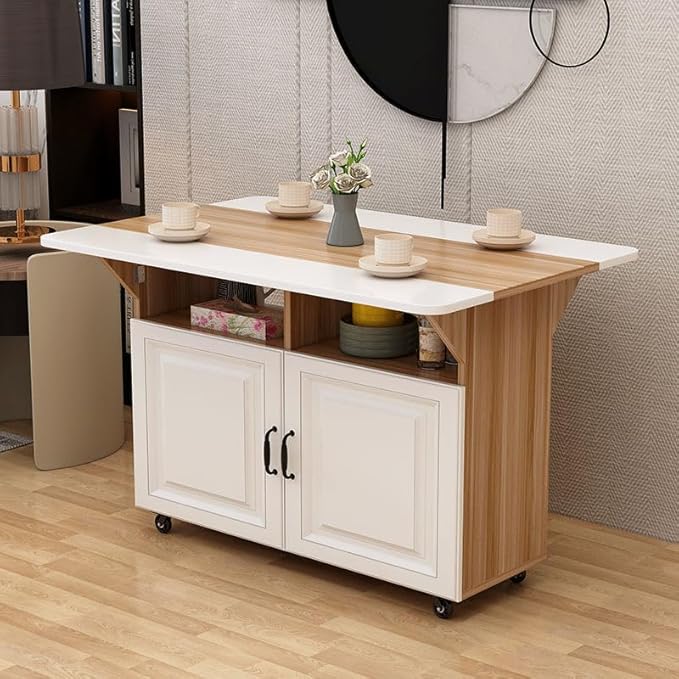 Folding Dining Table, Multi-Purpose Dining Table, 2 Level lockers, Removable Kitchen Table with Pulley, Suitable for Small Space Restaurant Kitchens (Light White)