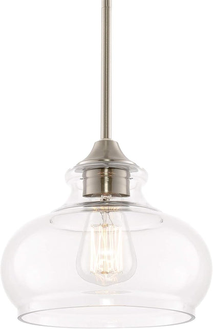 Kira Home Harlow 9" Modern Schoolhouse Pendant Light with Clear Glass Shade, Industrial Farmhouse Silver Hanging Light with Schoolhouse Glass, Brushed Nickel Finish