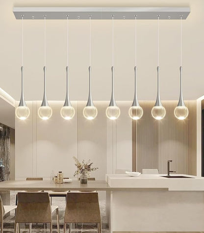 Rectangular Crystal Pendant Lights for Kitchen Island 8 Light Dimmable Crystal Chandelier Lighting Fixtures with Remote for Dining Room Living Room Silver