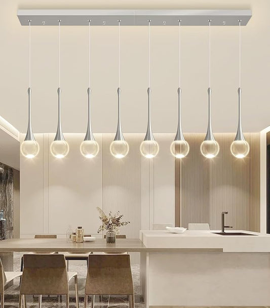 Rectangular Crystal Pendant Lights for Kitchen Island 8 Light Dimmable Crystal Chandelier Lighting Fixtures with Remote for Dining Room Living Room Silver
