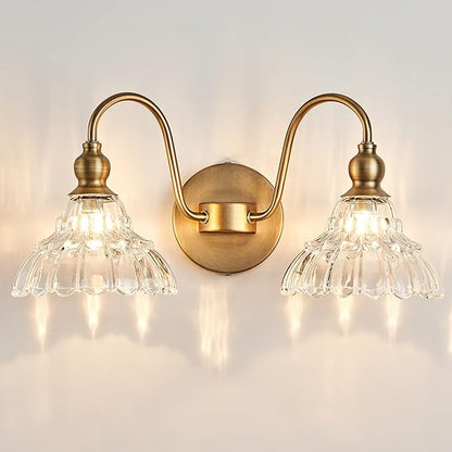 Antique 2-Light Wall Sconce Modern BathroomVanity Light Gold Wall Light Made of Metal Body and Pressed Patterned Glass Retro Vanity Light for Bedroom, Bathroom, Doorway, Foyer, Hallway