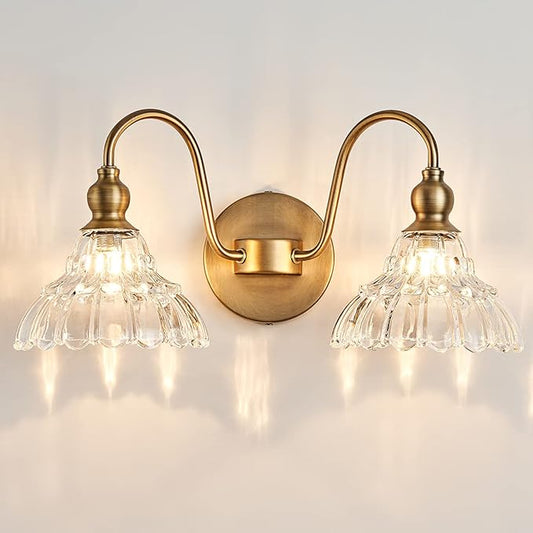Antique 2-Light Wall Sconce Modern BathroomVanity Light Gold Wall Light Made of Metal Body and Pressed Patterned Glass Retro Vanity Light for Bedroom, Bathroom, Doorway, Foyer, Hallway