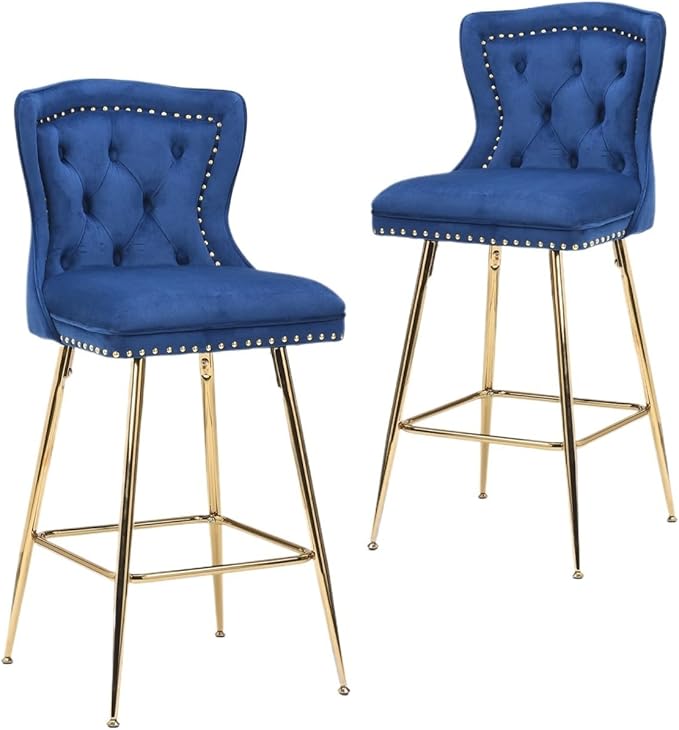 Luxurious Velvet Counter Height Bar Stools Set of 2 with Metal Legs, Button Tufted, Nailheads Trim, Wing-Back Bar Chairs for Kitchen Island Dining Room Pub(Blue)