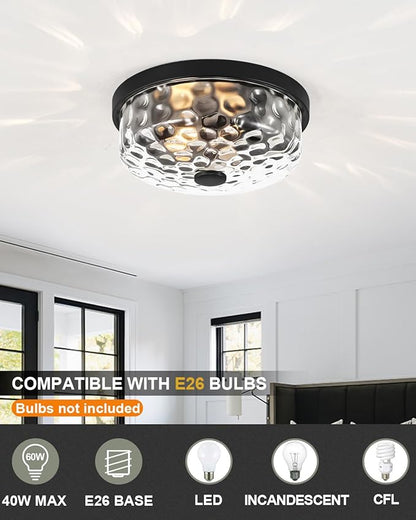 12 Inch Farmhouse Flush Mount Ceiling Light, 2 Light Industrial Close to Ceiling Light, Industrial Ceiling Lighting Fixture for Kitchen Hallway Bedroom Living Room (12.2 Inch Black)