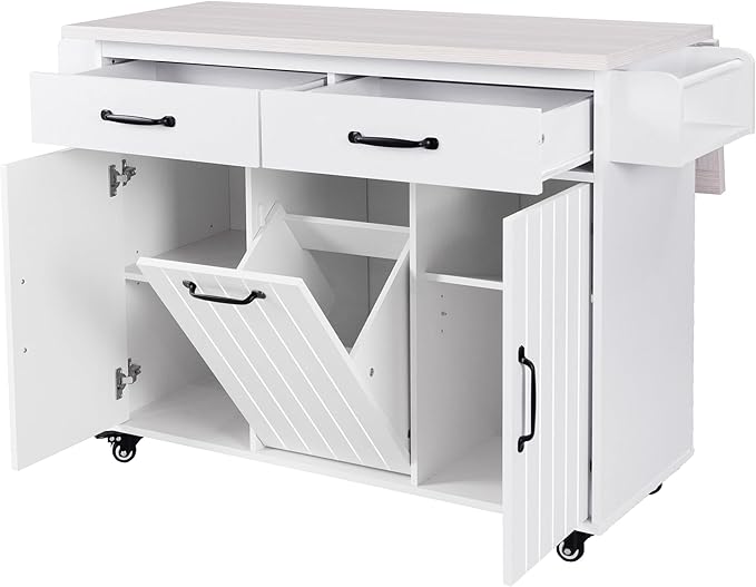 Ball & Cast Kitchen Island with Trash Can Storage Cabinet,Kitchen Cart W/Drop Leaf,Spice Rack,Towel Rack and Drawers,Rolling Kitchen Islands on Wheels W/Adjustable Shelf for Dining Room,White Oak