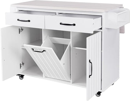 Ball & Cast Kitchen Island with Trash Can Storage Cabinet,Kitchen Cart W/Drop Leaf,Spice Rack,Towel Rack and Drawers,Rolling Kitchen Islands on Wheels W/Adjustable Shelf for Dining Room,White Oak