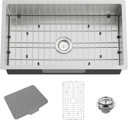 31x18 Inch Stainless Steel Kitchen Sink-Undermount Single Bowl Drop In Kitchen Sink Stylish And Modern Look Come With Bottom Grid,Silicon Mat And Drain Assembly Add Elegance & Enhance Usability