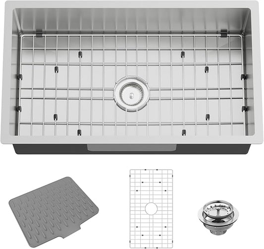 31x18 Inch Stainless Steel Kitchen Sink-Undermount Single Bowl Drop In Kitchen Sink Stylish And Modern Look Come With Bottom Grid,Silicon Mat And Drain Assembly Add Elegance & Enhance Usability