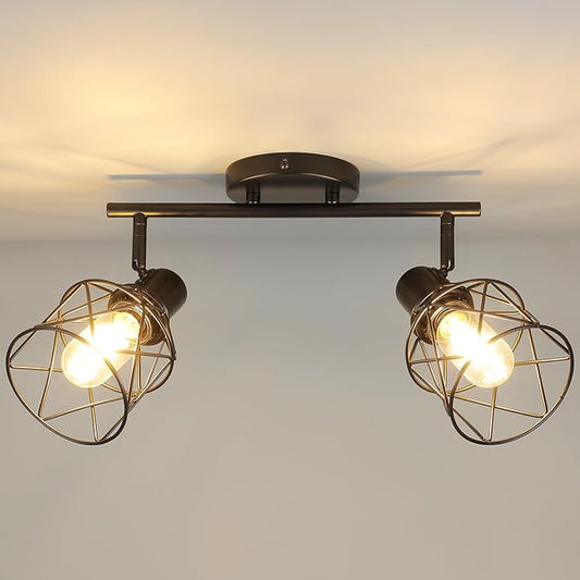 WILON Industrial Track Lighting Fixtures Ceiling, 2 Light Kitchen Ceiling Light Rotatable Spotlight Fixtrues E26 Base Wall Light Fixture, Black Flush Mount Light for Kitchen Hallway Entryway