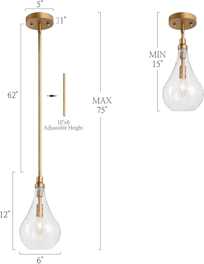 LALUZ Gold Pendant Light Kitchen Island Modern 1-Light Pendant Light Fixtures Adjustable Hanging Pendant Lighting with Teardrop Seeded Glass Shade