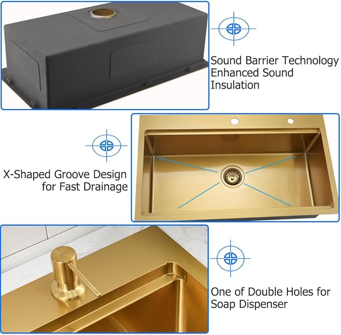 Gold Kitchen Sink Drop In, 33x19 Drop In Kitchen Sink Brushed Gold Stainless Steel Ledge Workstation Single Bowl 16 Gauge Handmade Deep Basin