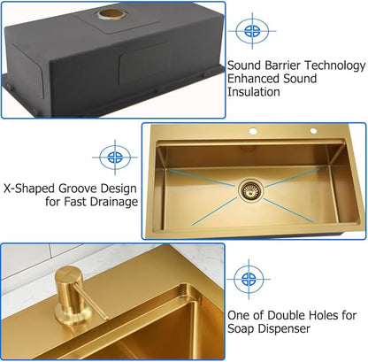 Gold Kitchen Sink Drop In, 33x19 Drop In Kitchen Sink Brushed Gold Stainless Steel Ledge Workstation Single Bowl 16 Gauge Handmade Deep Basin