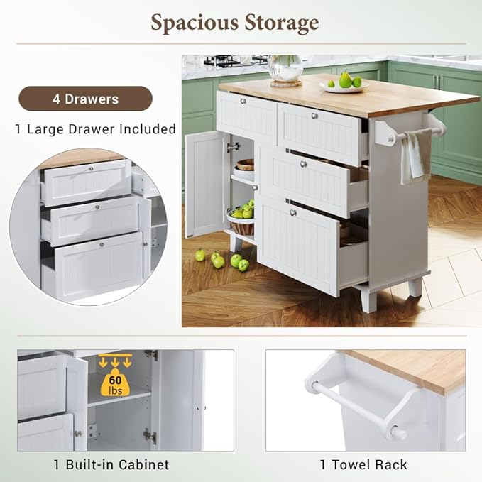 Farmhouse Kitchen Island with Drop Leaf Table and 2 Stools, Blue Storage Cart with Drawers, Cabinet and Towel Rack for Small Spaces (White + Solid Wood + Farmhouse)