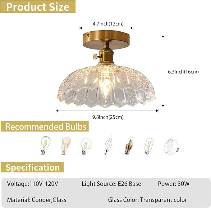 Semi Flush Mount Ceiling Light, Gold Vintage Hallway Light Fixture with Clear Water Lily Glass Lampshade Brass Modern Ceiling Light Fixtures for Porch Kitchen Bedroom Hallway 2pack