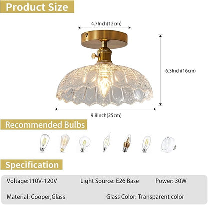 Semi Flush Mount Ceiling Light, Gold Vintage Hallway Light Fixture with Clear Water Lily Glass Lampshade Brass Modern Ceiling Light Fixtures for Porch Kitchen Bedroom Hallway 2pack