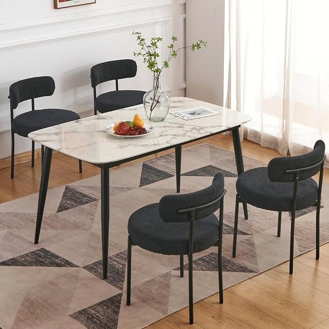 EDWELL Black Boucle Dining Chairs Set of 4, Mid Century Modern Dining Room Chairs with 3.94“ Cushions, Round Upholstered Kitchen Chairs with Black Metal Legs for Dining Chair, Living Room