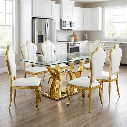Large Glass Dining Table for 6-8,Gold Kitchen Table with Stainless Steel Base,68.9''Rectangle Dinner Table Glass Top,Modern Tables for Dining Room and Kitchen,Office,Sturdy Made(Table Only)