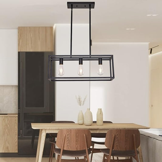 Farmhouse Kitchen Island Lighting, Modern Industrial Chandelier, 3-Light Black&Brushed Brass Linear Rectangular Pendant Light Fixtures for Farmhouse Kitchen Dining Room Bar Foyer