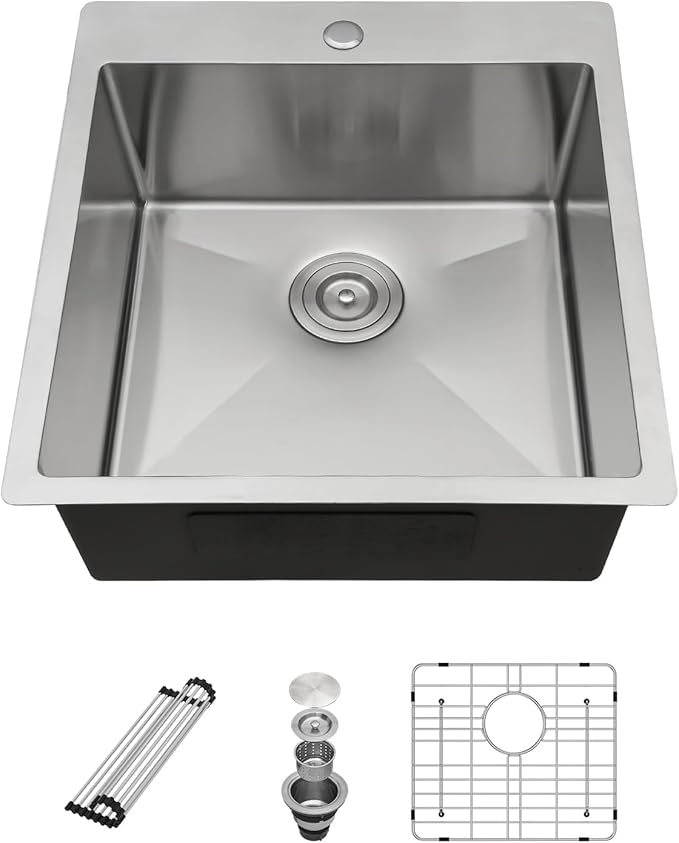 Sarlai 18 Drop Bar Sink Stainless Steel - 18 x 18 Inch Bar Prep Sink Square Topmount Stainless Steel 16 Gauge Deep Single Bowl Over Counter RV Camper Wet Bar Prep Kitchen Sink