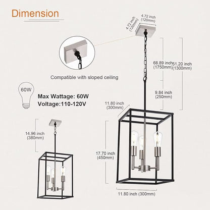 VINLUZ 3 Lights Lantern Kitchen Island Pendant Lighting in Black and Brushed Nickel Finish, Industrial Hanging Lantern Chandelier for Dining Room Living Room Adjustable Height