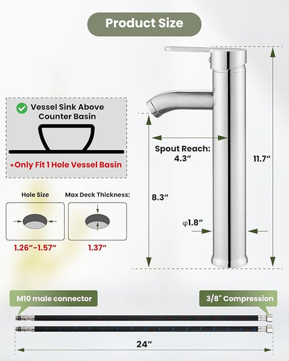 gotonovo Vessel Sink Faucet Modern Tall Bathroom Faucet Single Handle One Hole Stainless Steel Vanity Lavatory Rv Bowl Basin Mixer Tap with Supply Lines and Metal Pop Up Drain, Polish Chrome