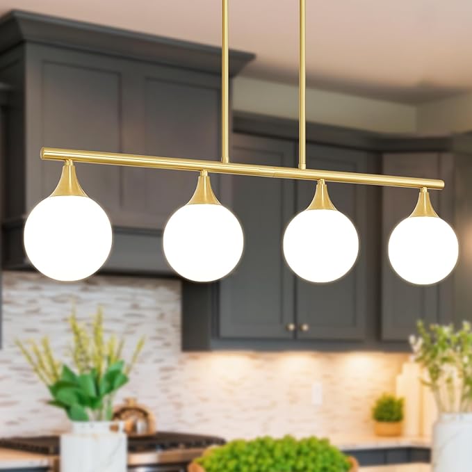 4-Light Kitchen Island Lighting, Brushed Gold Island Lights for Kitchen Adjustable Height Rods Dining Room Light Fixture over Table with White Glass Shades, Linear Chandelier for Bar Counter, G9 Base