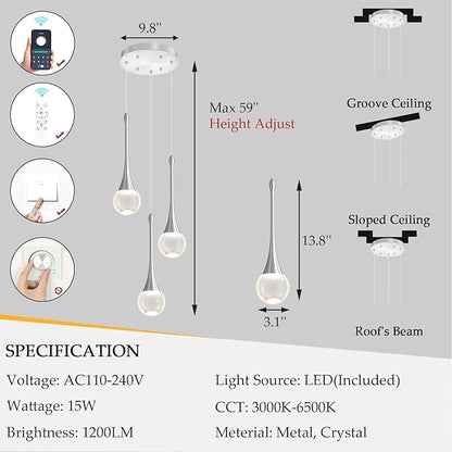 Crystal Chandelier for Dining Room Glam 3 Light Cluster Crystal Pendant Light Dimmable LED Chandeliers for Kitchen Island Living Room Silver