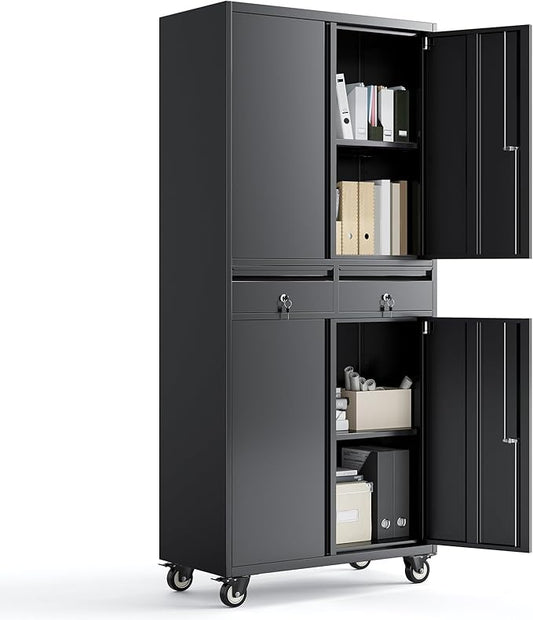 73in Metal Garage Storage Cabinet with Wheels, Locking Doors, 2 Deep Drawers & 2 Adjustable Shelves, Rolling Garage Tool Organizer & Steel Cabinet for Workshop, Office, Home Organization