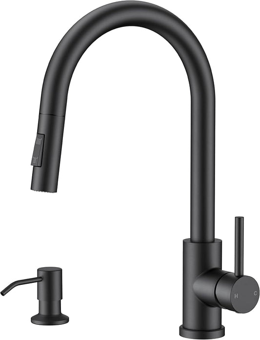 FORIOUS Black Kitchen Faucet with Pull Down Sprayer, Modern Single Hole Kitchen Sink Faucet with Soap Dispenser, Deck Plate, Single Handle, High Arc Stainless Steel for RV Farmhouse Laundry Outdoor