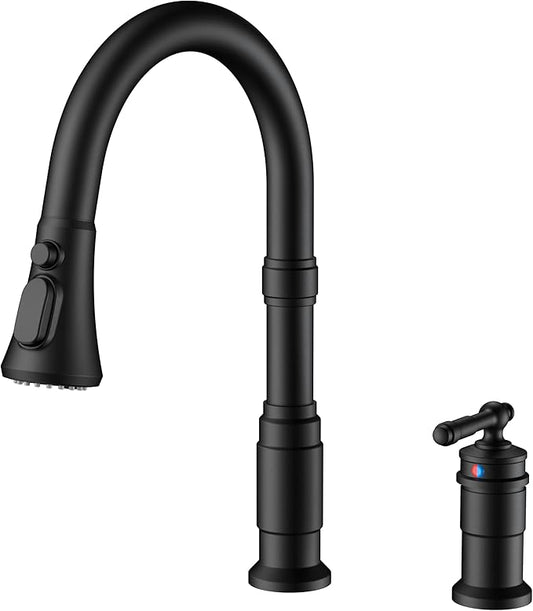 FORIOUS 2 Hole Black Kitchen Faucet with Pull Down Sprayer, Stainless Steel Rustic Kitchen Sink Faucet 3 Spray Modes with Single Seperate Handle, Suitable for Farmhouse Outdoor Camper Rv Bar