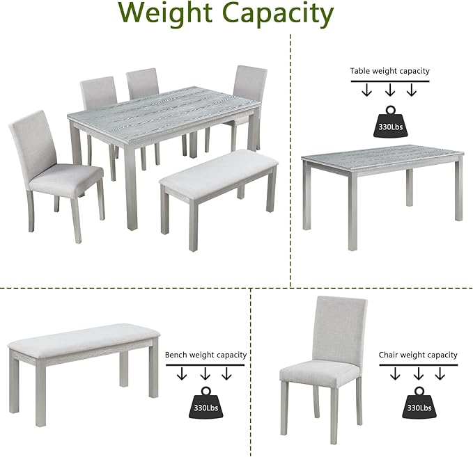 6 Piece Wooden Dining Table Set, Rectangular Dining Table with 4 Upholstered Chairs and 1 Bench, Elegant Dining Table Set with Crystal Decoration for Kitchen, Dining Room, Silver Grey