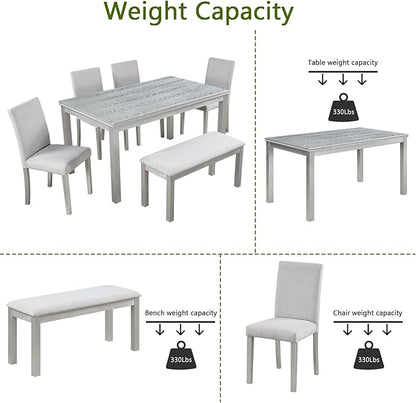 6 Piece Wooden Dining Table Set, Rectangular Dining Table with 4 Upholstered Chairs and 1 Bench, Elegant Dining Table Set with Crystal Decoration for Kitchen, Dining Room, Silver Grey