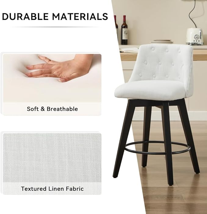 Swivel Counter Chairs, Modern Linen Fabric with Button-Tufted Backrest, Stylish Bar Stools, Set of 2 for Bar, Kitchen Island, Dining Room, White (White + Linen + Foam)